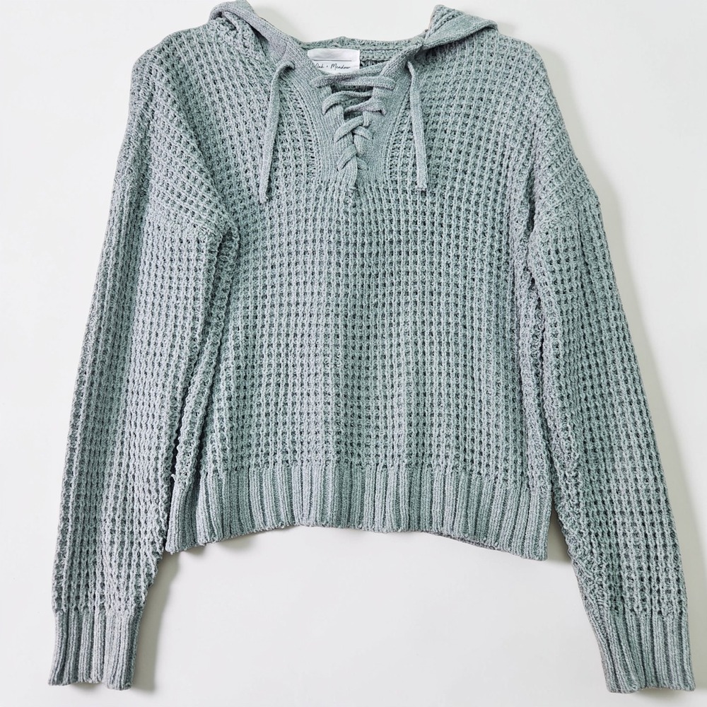 Oak + Meadow Hoodie Sweater Small S Green Waffle Knit Lace Up Hooded Oversized